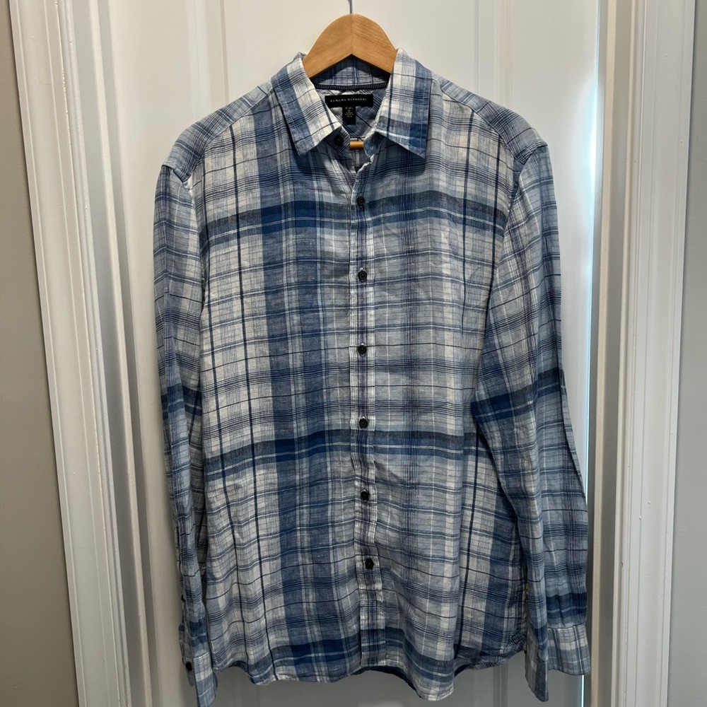 Banana Republic Men’s Linen Blue Plaid Button Down Shirt Oversized M